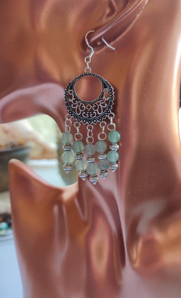 Green Adventurine and Brass Boho Earrings