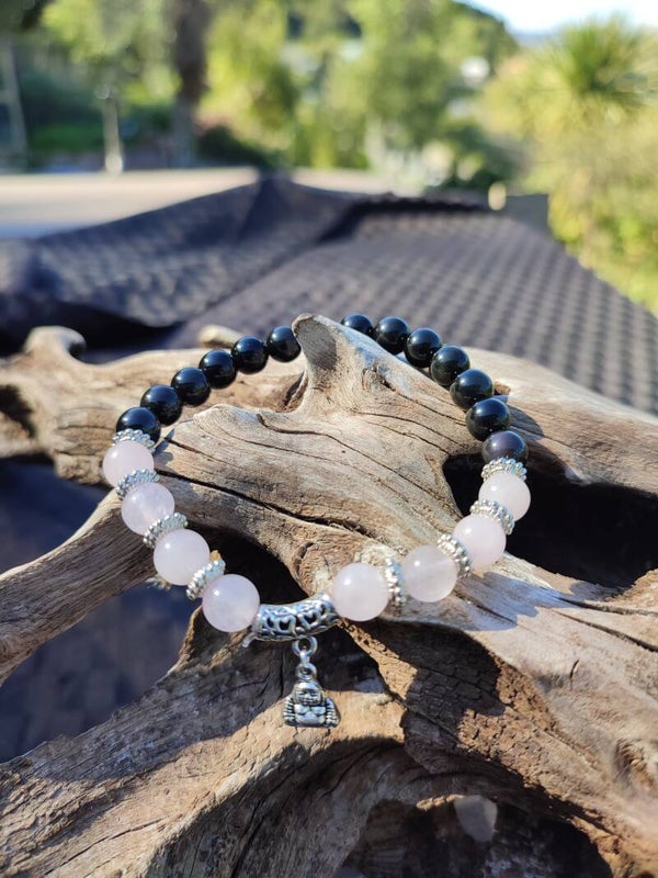 Rose Quartz & Black Onyx Bracelet 8mm (Buddha charm)