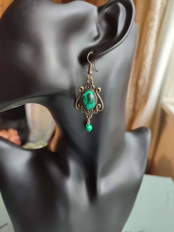 Malachite & Brass Filigree Boho Earrings