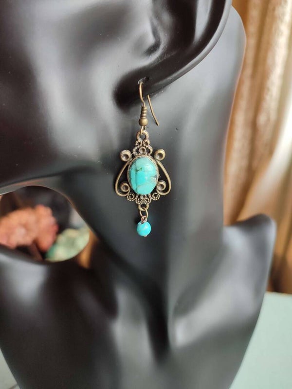 Turquoise & Brass Boho Filigree Earrings