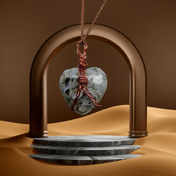 Rainbow Moonstone & Copper Wire Wrapped Heart