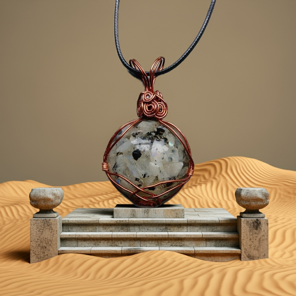 Rainbow Moonstone Pendant Round Copper & Silver