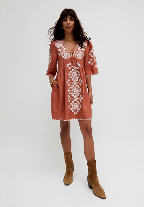 Brown V-Neck Embroidered Mini Dress