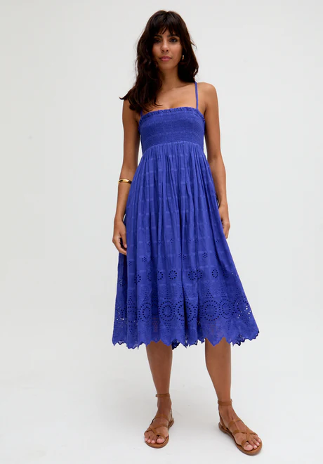 Blue Embroidered Midi Dress with Detachable Straps