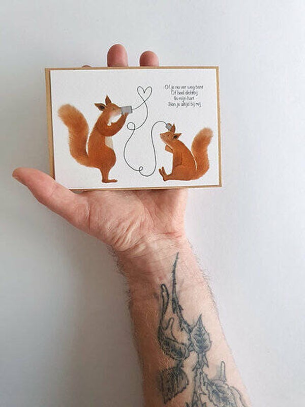 Getekenddoorzusje. Eekhoorns \ Bij mij . Wenskaart