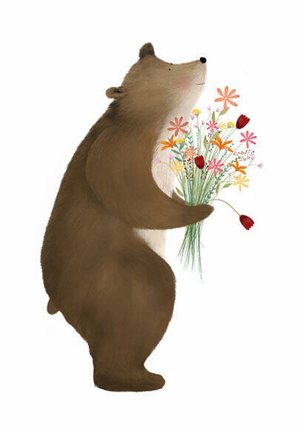 Getekenddoorzusje. Beer met bloemen. Wenskaart