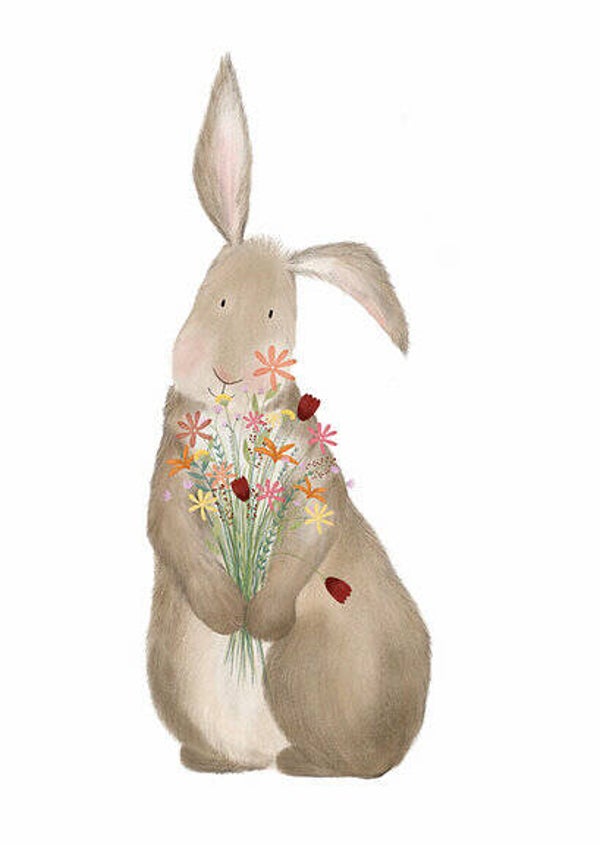 Getekenddoorzusje. Konijn met bloemen. Wenskaart