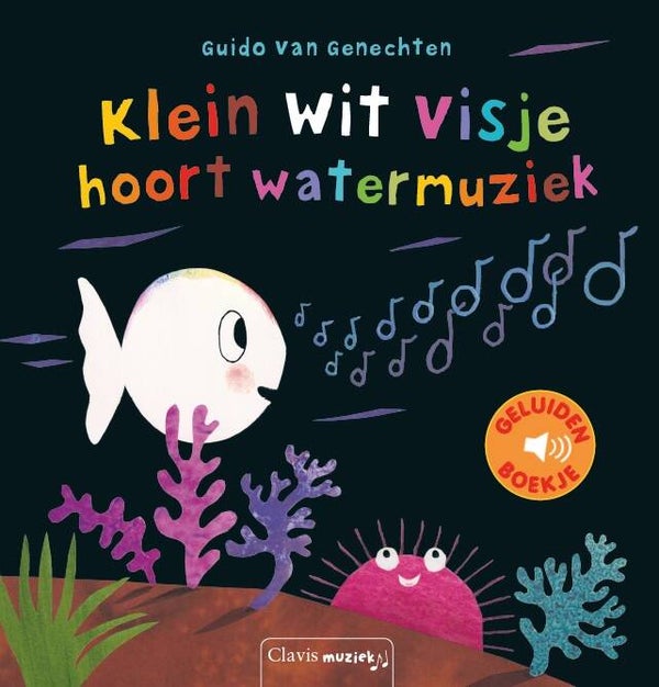 Geluidenboek. Klein wit visje hoort watermuziek