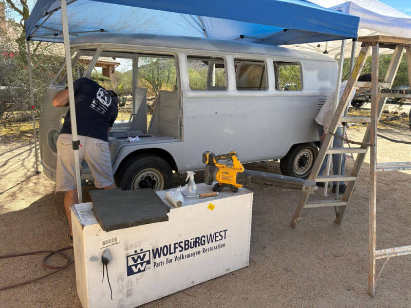 Brian sanding the front cab.