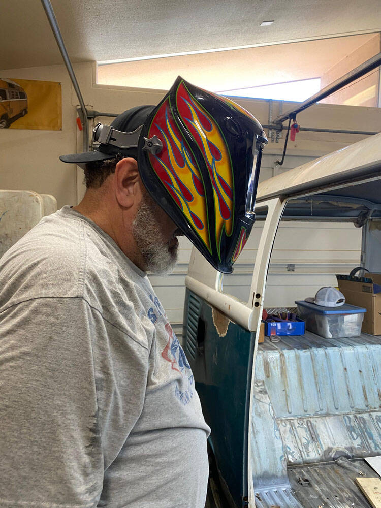 Fred Cordts working on welding parts of the floorboard.