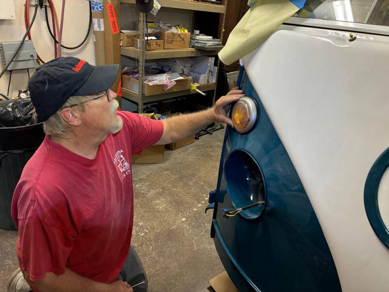 Wayne installing the front turn lights on the Raffle Bus 35. Arizona Bus Club