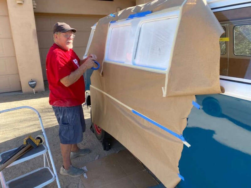 Wayne touching up paint on the Raffle Bus 35. Arizona Bus Club
