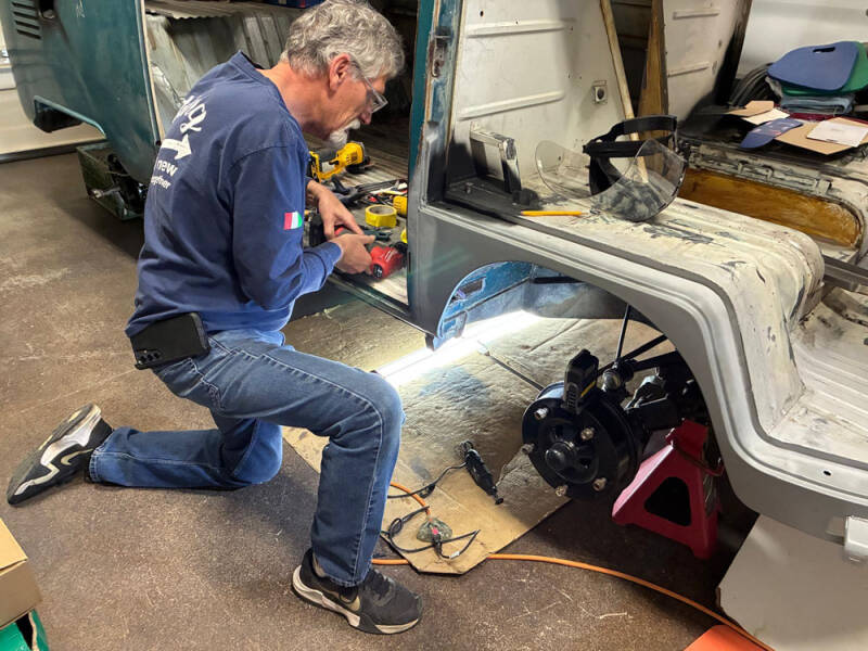 Bll Ross working on the patch repairs on the Raffle Bus 35 - Arizona Bus Club