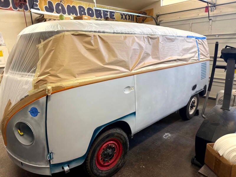 Wayne has the raffle bus ready to paint the main color, Sea Blue L360 tomorrow.