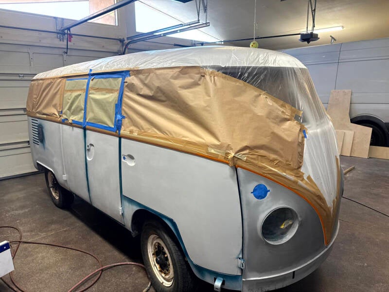 Wayne has the raffle bus ready to paint the main color, Sea Blue L360 tomorrow.
