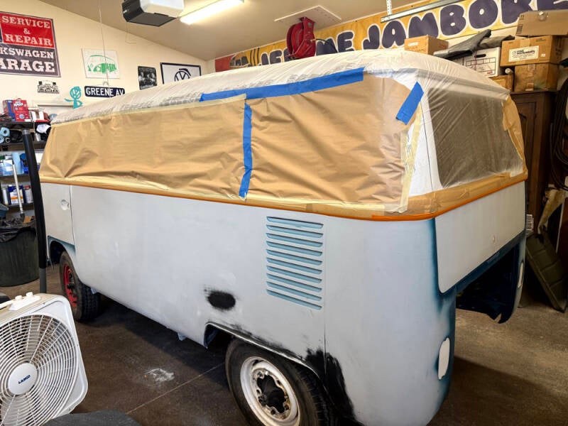Wayne has the raffle bus ready to paint the main color, Sea Blue L360 tomorrow.