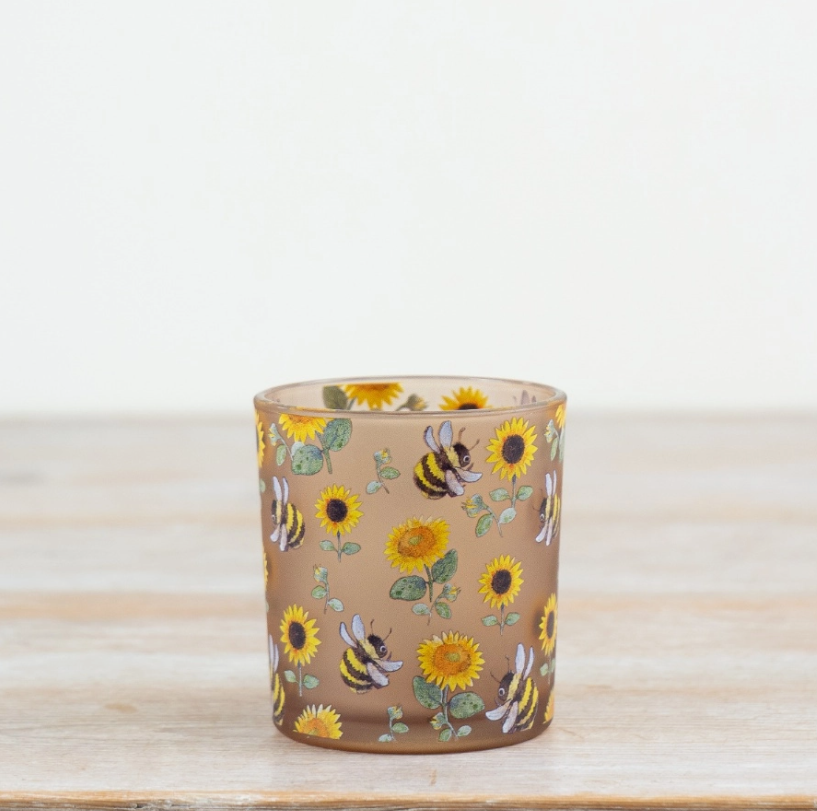 Sunflower and Bee Glass Candle Holder 8cm