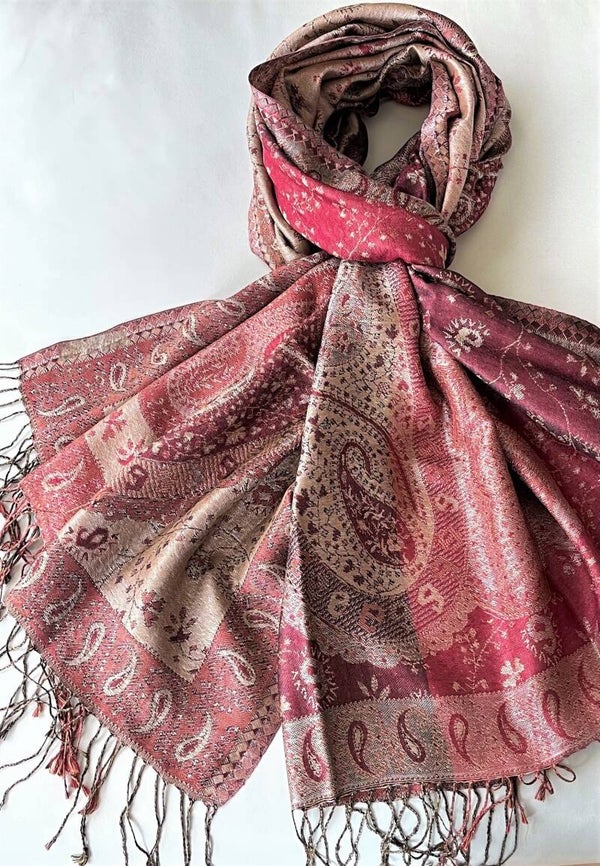 Zijden shawl ingeweven patroon bordeaux en bruin, uit Kashmir