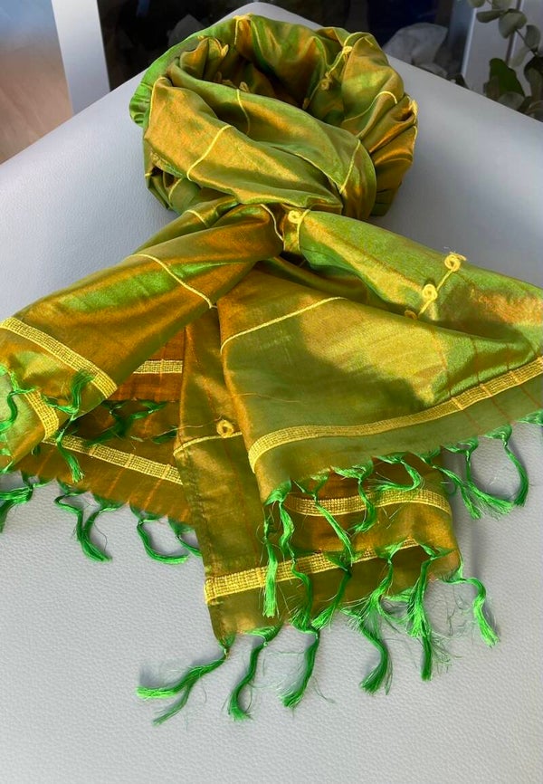 Zijden shawl oranje geel groen met wollen accentstrepen