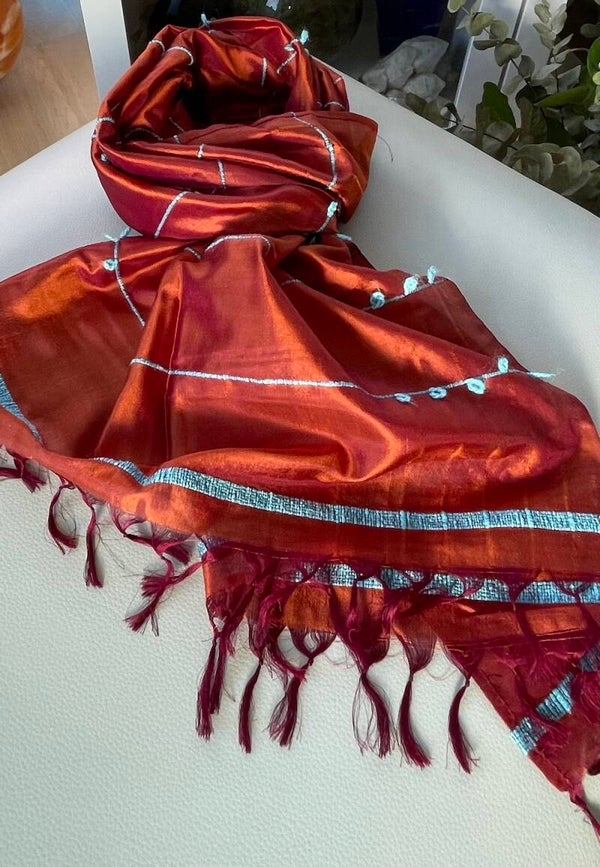 Zijden shawl oranje-bruin met wollen accentstrepen