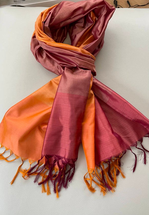 Zijden shawl met blokkenpatroon oranje bruin rood