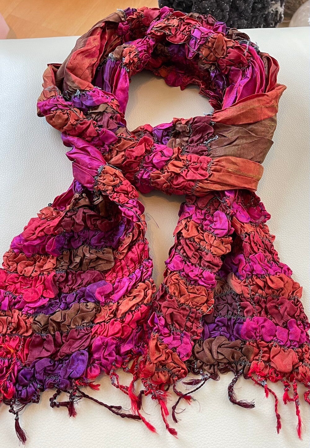 Zijden shawl rood oranje fuchsia-roze bruin paars met elastiek