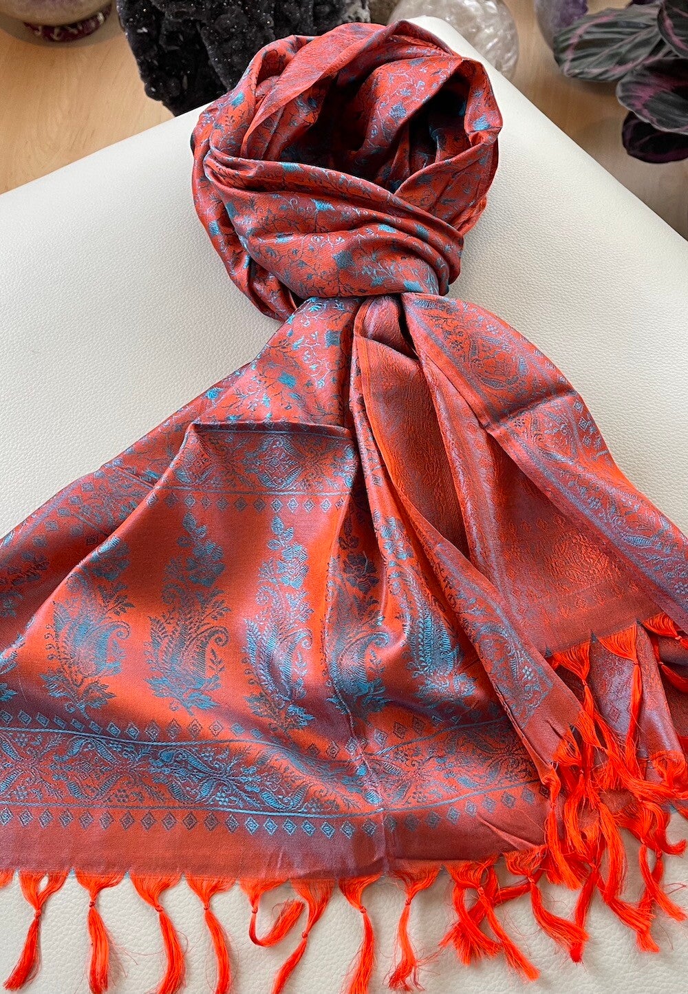 Zijden shawl geweven patroon oranje Turquoise