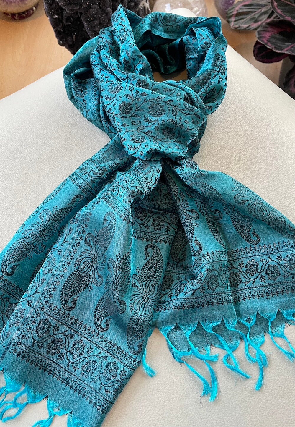 Zijden shawl geweven patroon petroleum Blauw