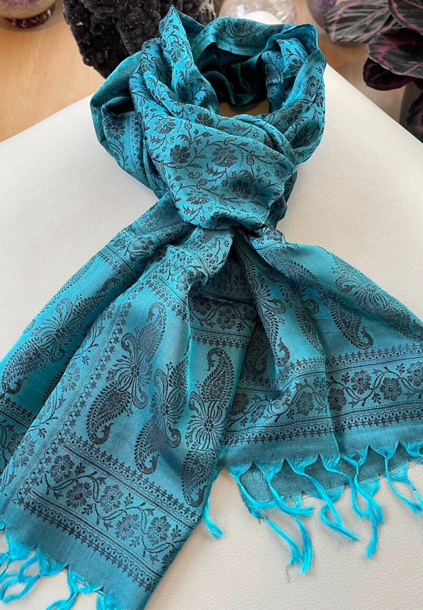 Zijden shawl geweven patroon petroleum Blauw