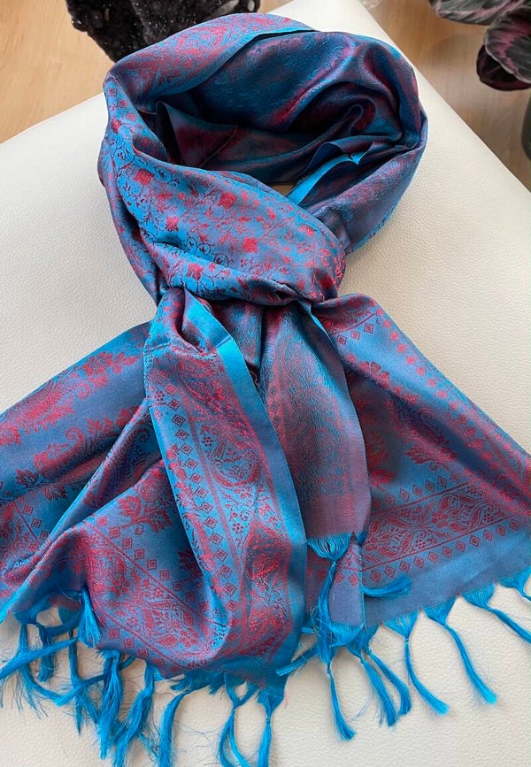 Zijden shawl geweven patroon Blauw rood