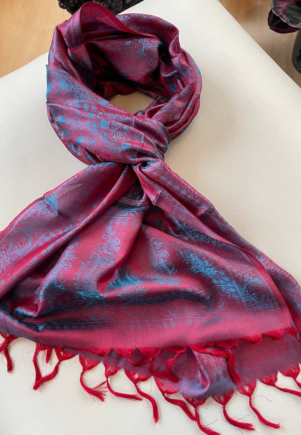 Zijden shawl geweven patroon Turquoise blauw rood