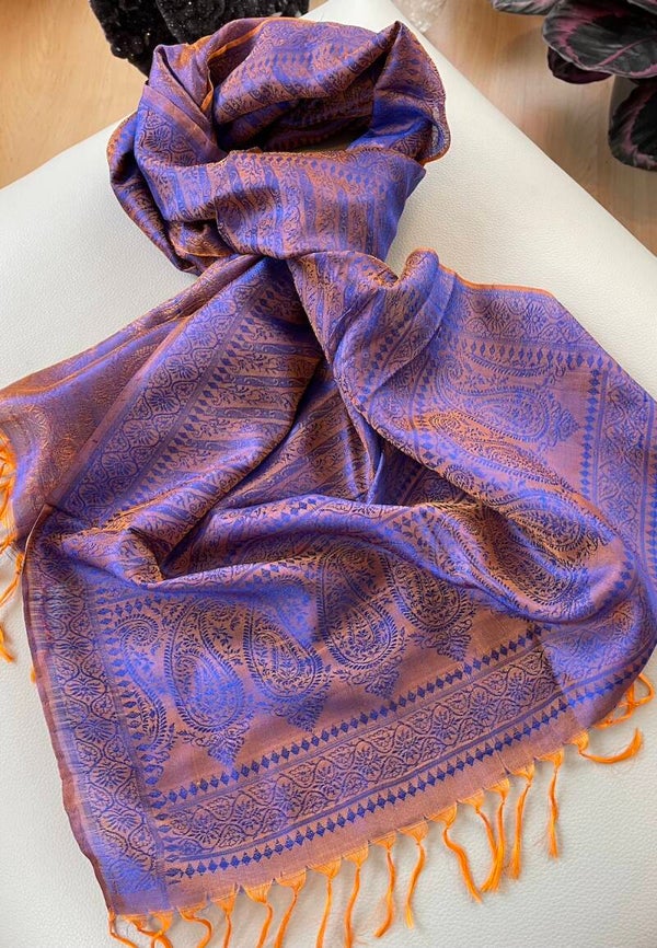 Zijden shawl geweven patroon oranje paars