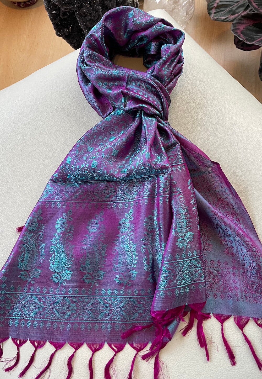 Zijden shawl geweven patroon paars turquoise blauw