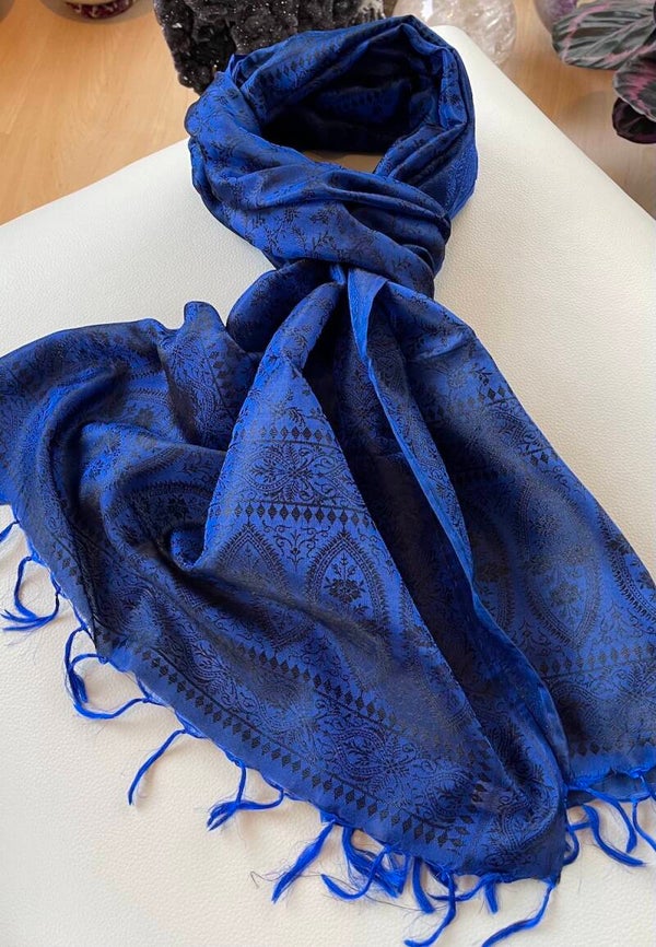 Zijden shawl geweven patroon blauw zwart