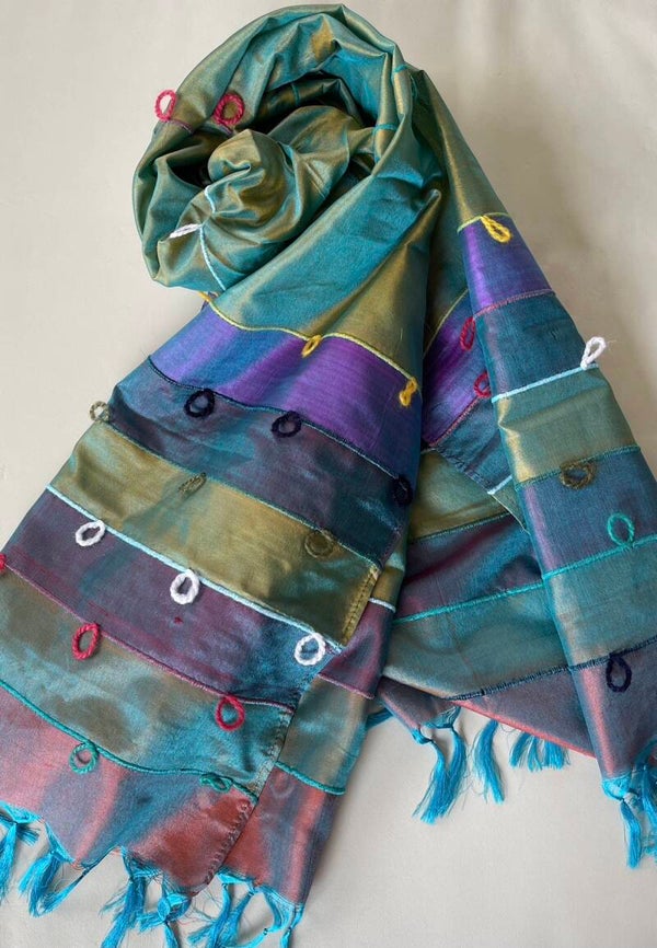 Zijden shawl groen paars blauw strepen met wollen accenten