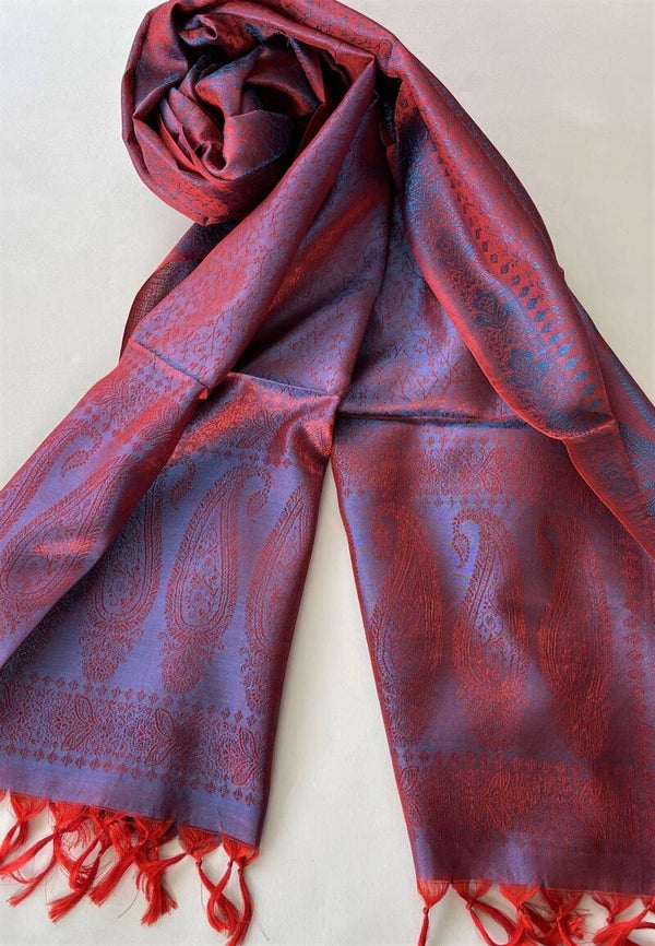 Zijden shawl geweven patroon rood turqoise blauw