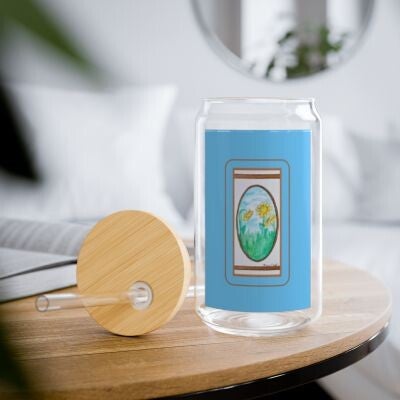Sipper Glass, 16oz./ With Lid and Straw (sunflower frame)