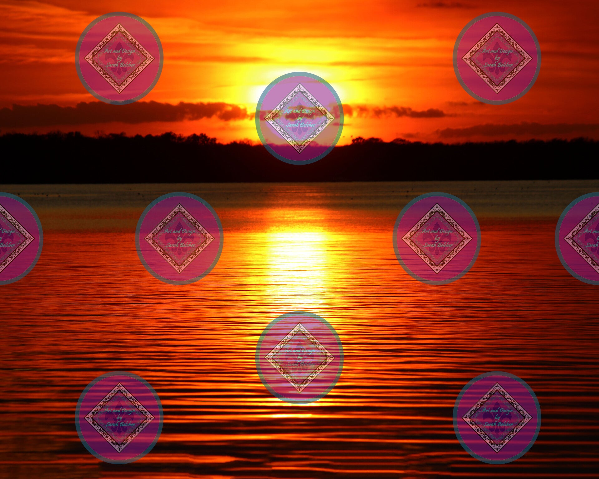"Red Sunset" (Print of photograph, red, black, yellow, orange, sunset, water)