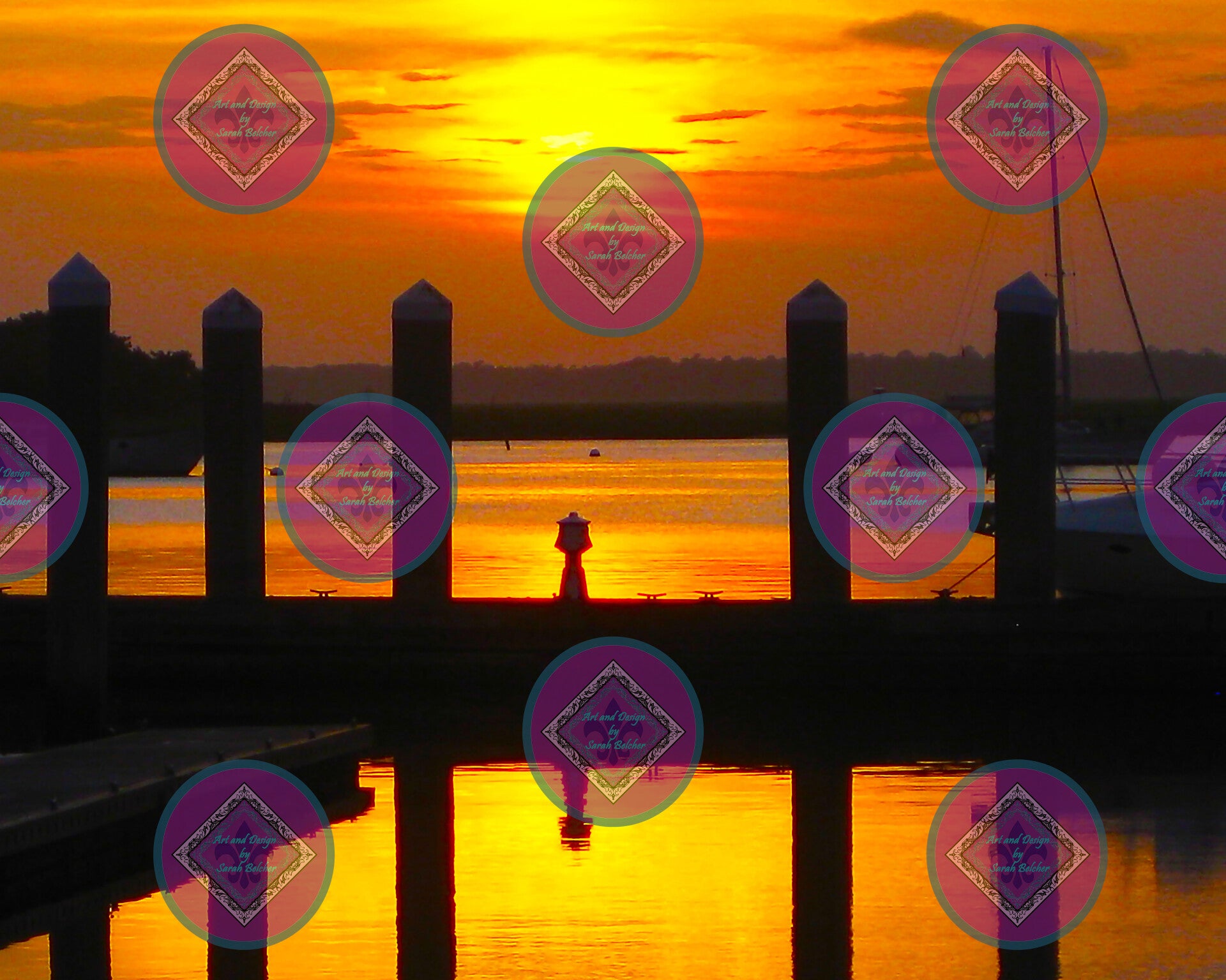 "Sunset on the Dock" (Print of photograph, red, black, orange, yellow, water, sunset)