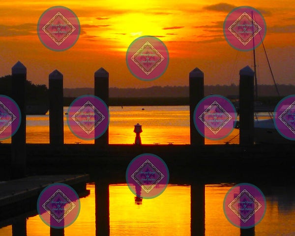 "Sunset on the Dock" (Print of photograph, red, black, orange, yellow, water, sunset)