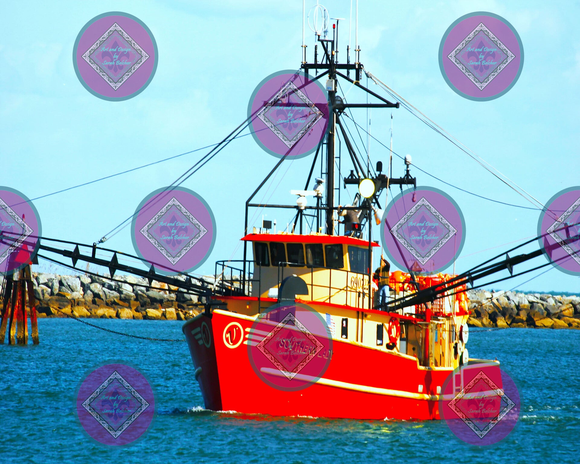 "Red Boats" (Print of photograph, red, black, blue, water, boats)