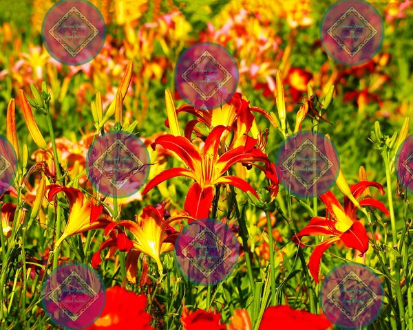 "Red and Gold path " (Print of photograph, red, yellow, green, flowers))
