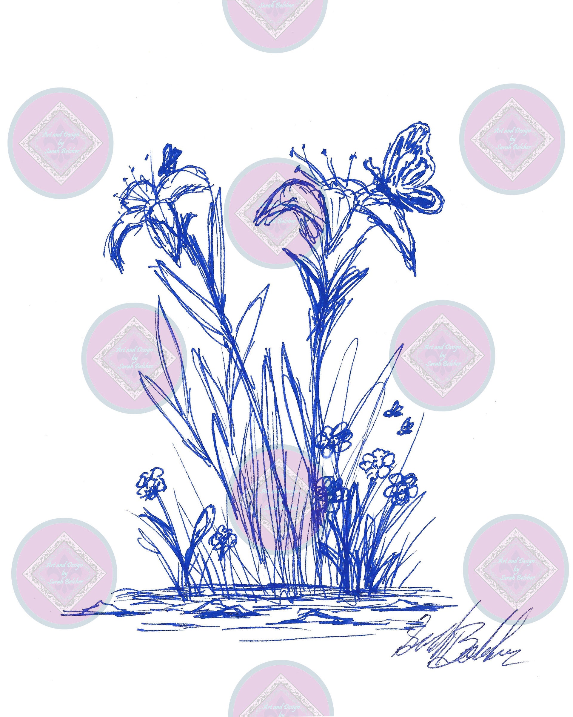 "Flower and Butterfly Blue" (Blue, white, Print of original artwork)