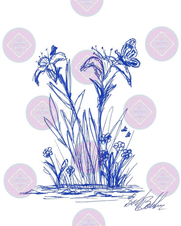 "Flower and Butterfly Blue" (Blue, white, Print of original artwork)