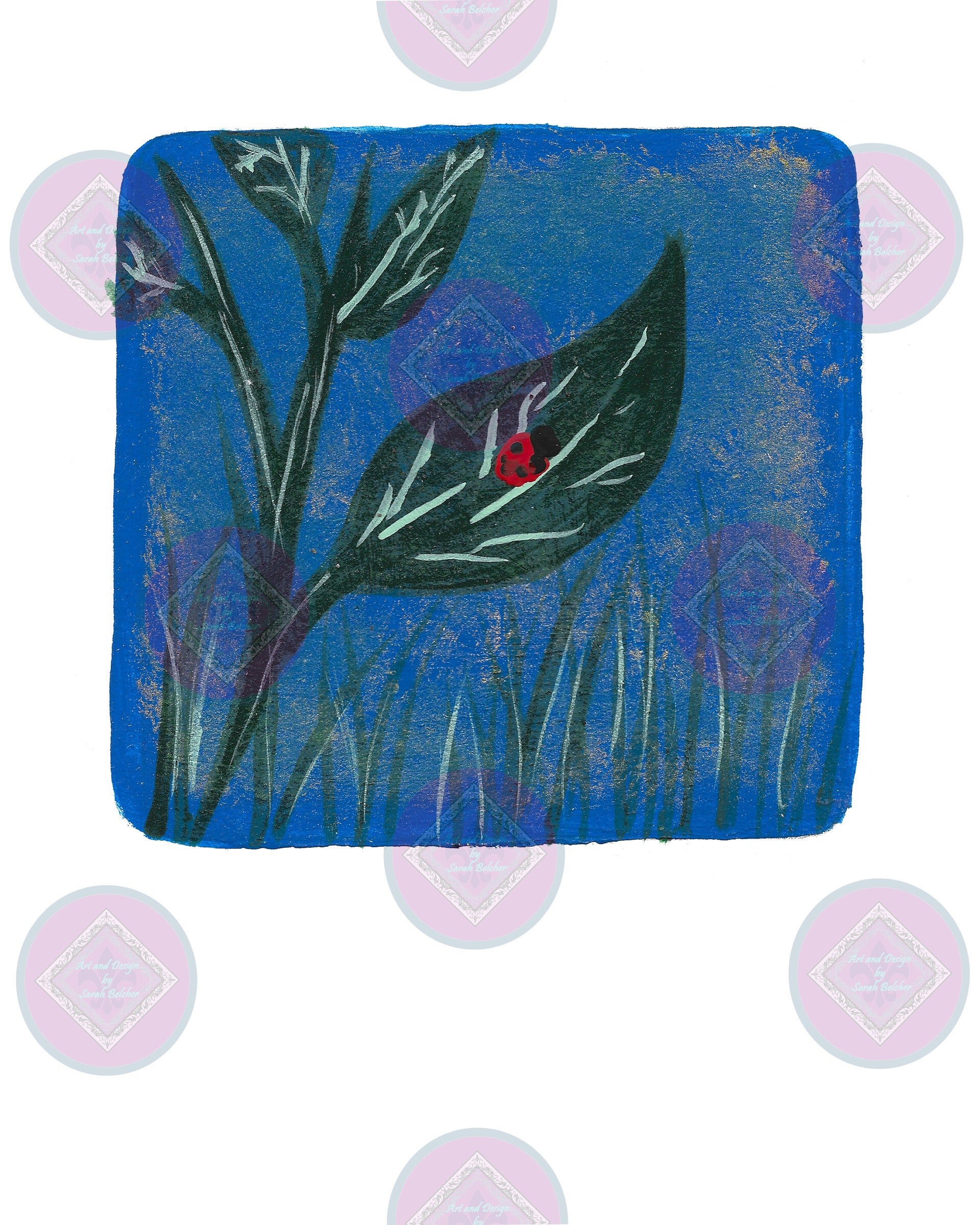 Ladybug on Leaf (Red, Blue Green, Print of original artwork)