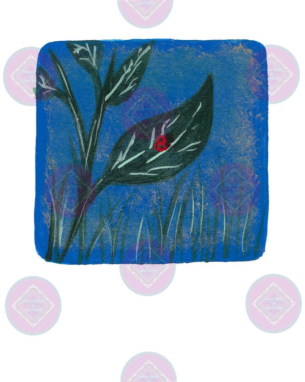 Ladybug on Leaf (Red, Blue Green, Print of original artwork)