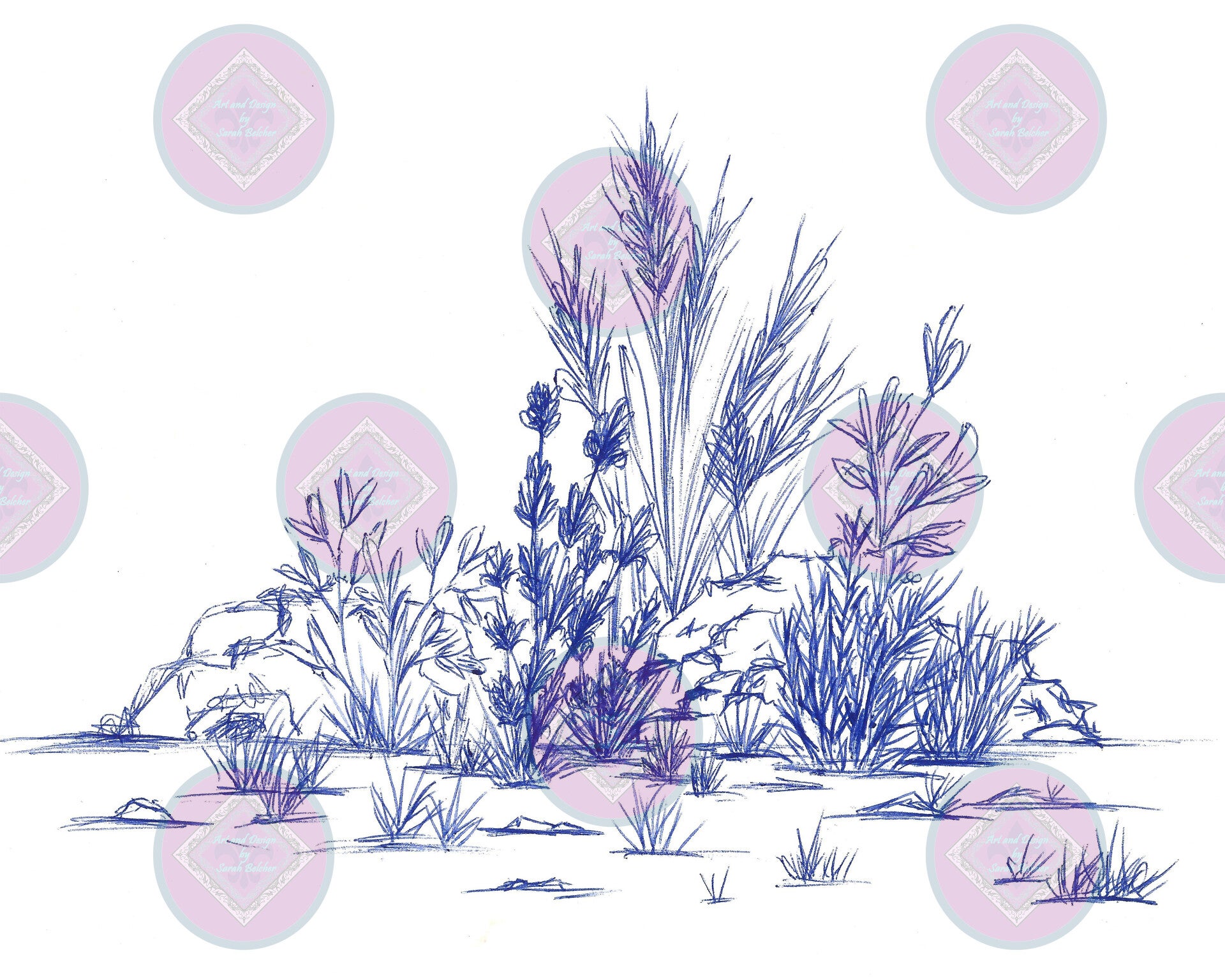 "A little life" (pin sketch, blue ink, plants, rocks, grass)