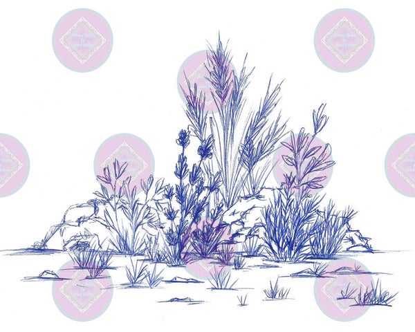 "A little life" (pin sketch, blue ink, plants, rocks, grass)