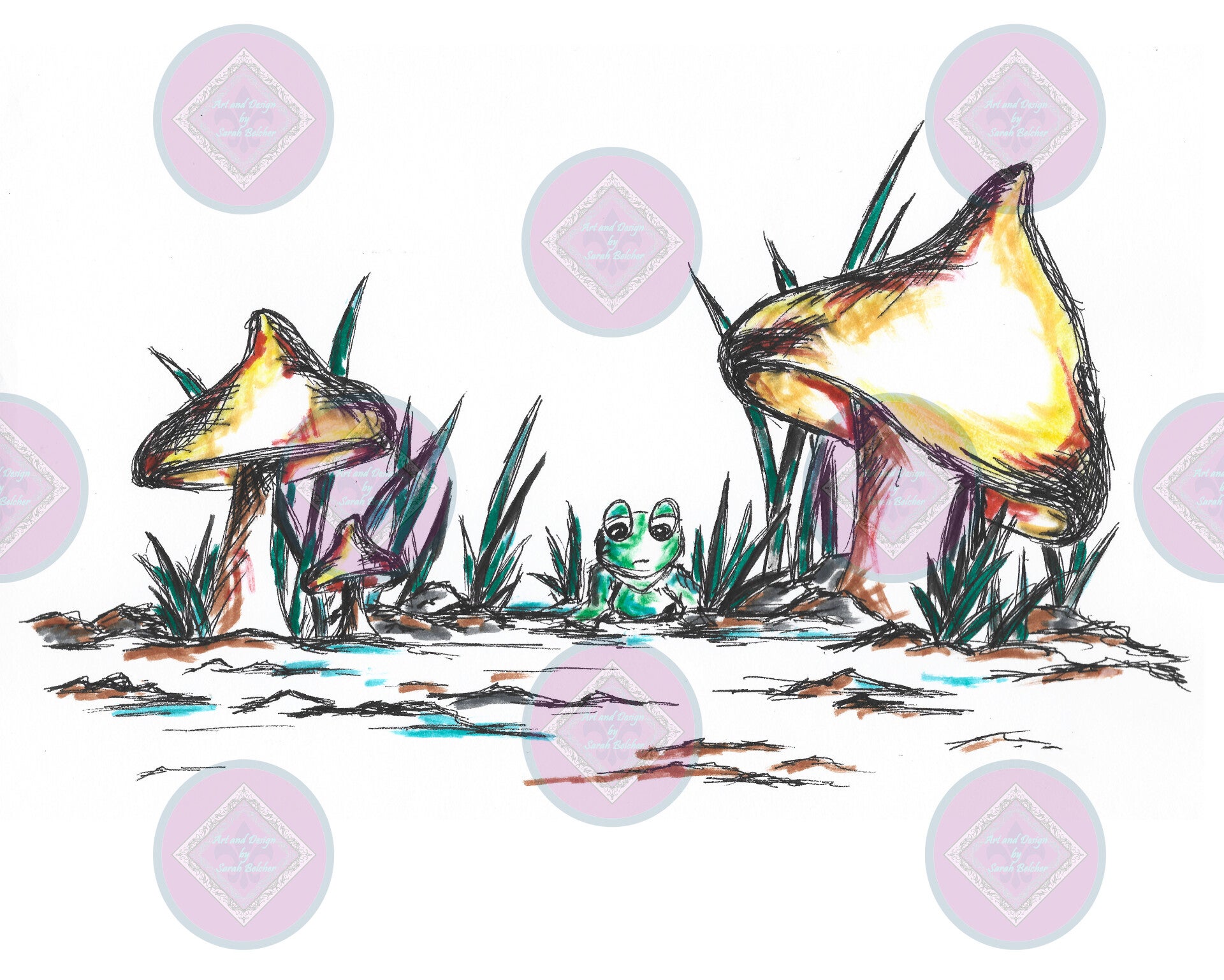 "Little Green's home" (Print of pin work, black and white with color pops, frog and mushrooms)