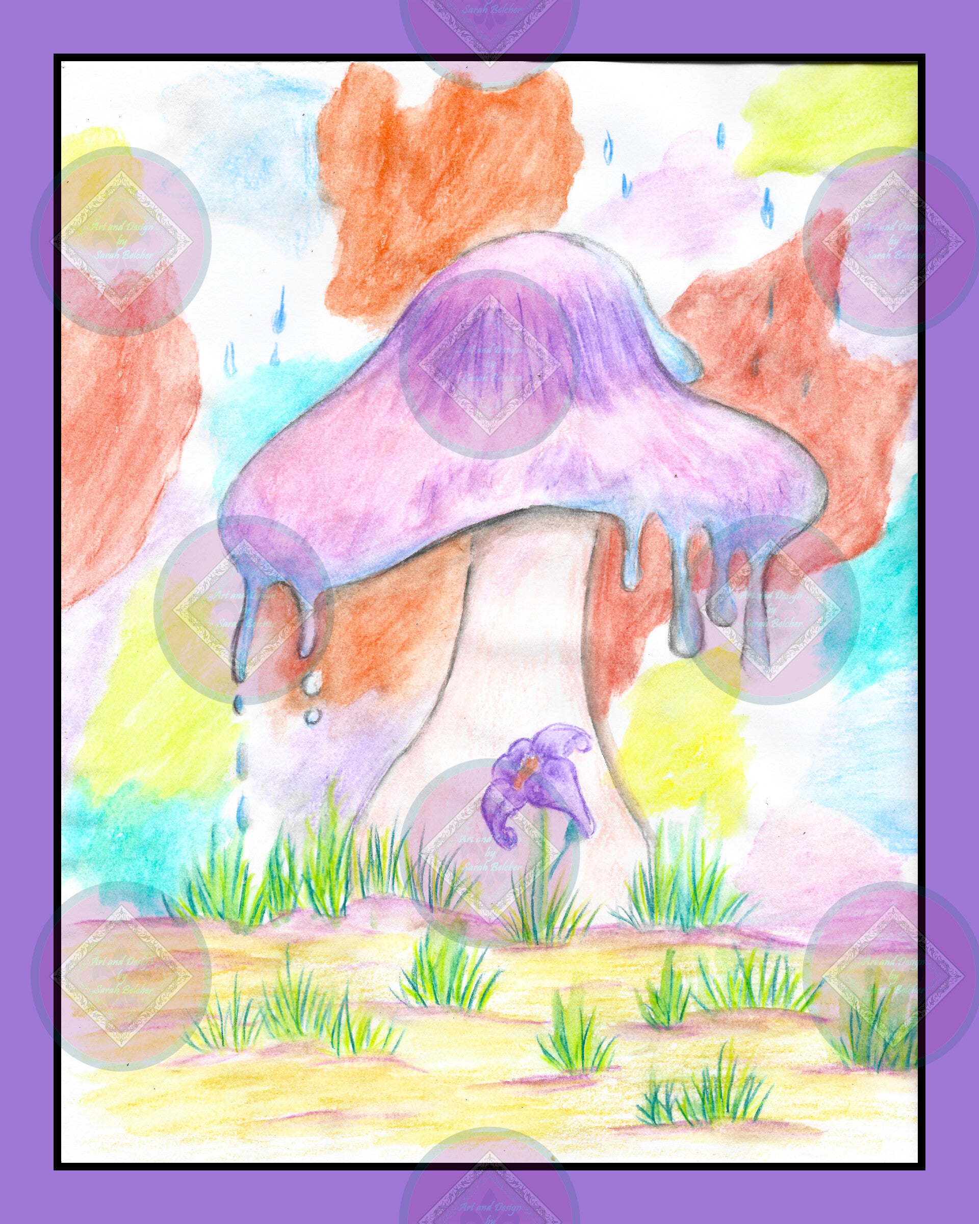 "Pop of color in rain" (print of watercolor painting, with purple finished edge, purple, red, yellow., teal, mushroom)